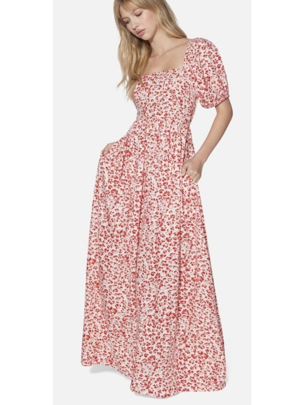 Hurley Carefree Maxi Dress Red Floral Square Neck Puff Sleeve Pockets Sz M